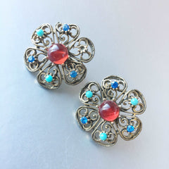 Blue Red Floral Filigree Clip on Earrings Vintage Jewelry