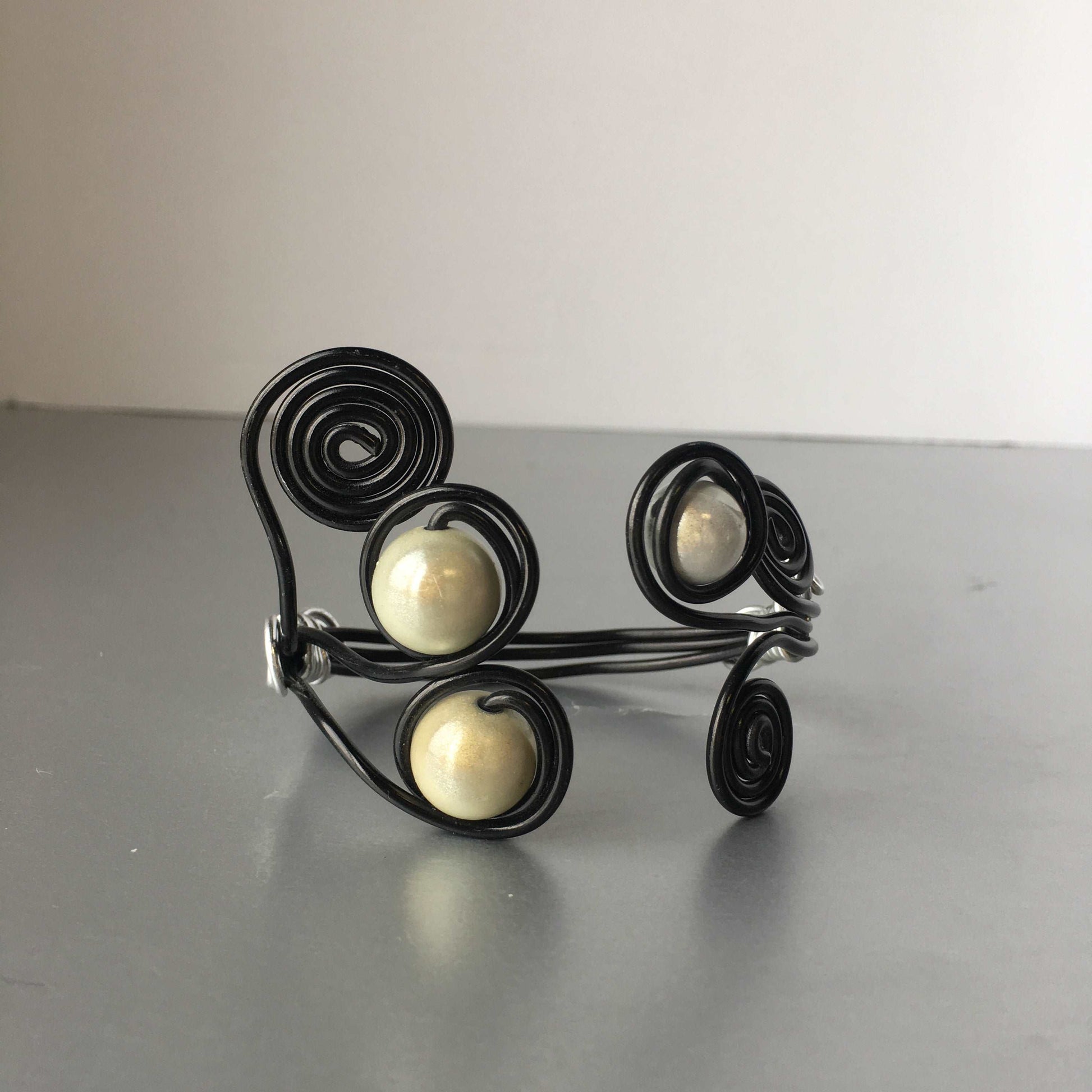 Black Silver Wired Cuff with Pearls Vintage Costume Jewelry