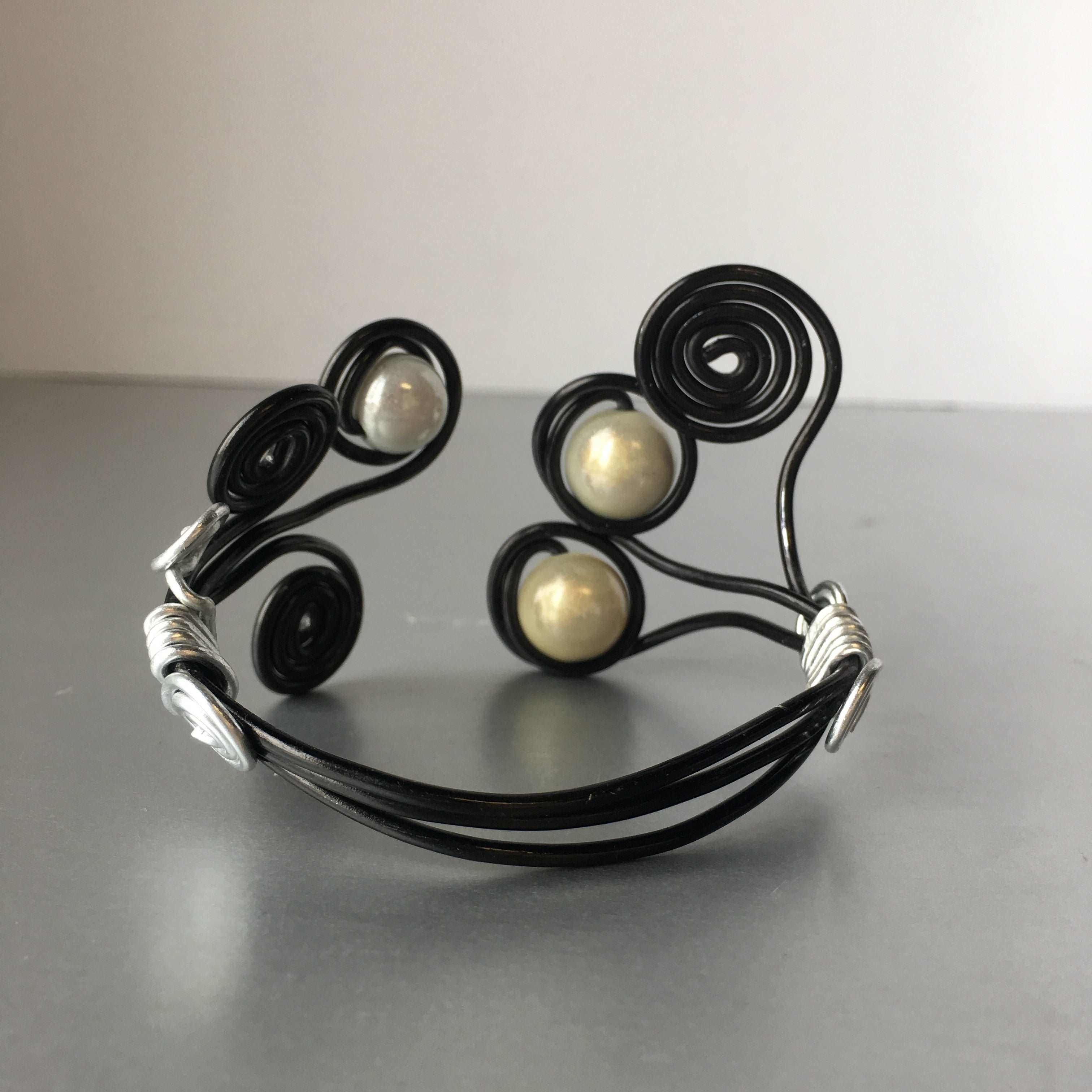 Black Silver Wired Cuff with Pearls Vintage Costume Jewelry