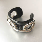 Black Resin Cuff Silver Rope Chain Bracelet Vintage Plastic Jewelry