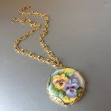 Handmade Floral Ceramic Pendant Golden Chain Link Necklace Vintage Jewelry