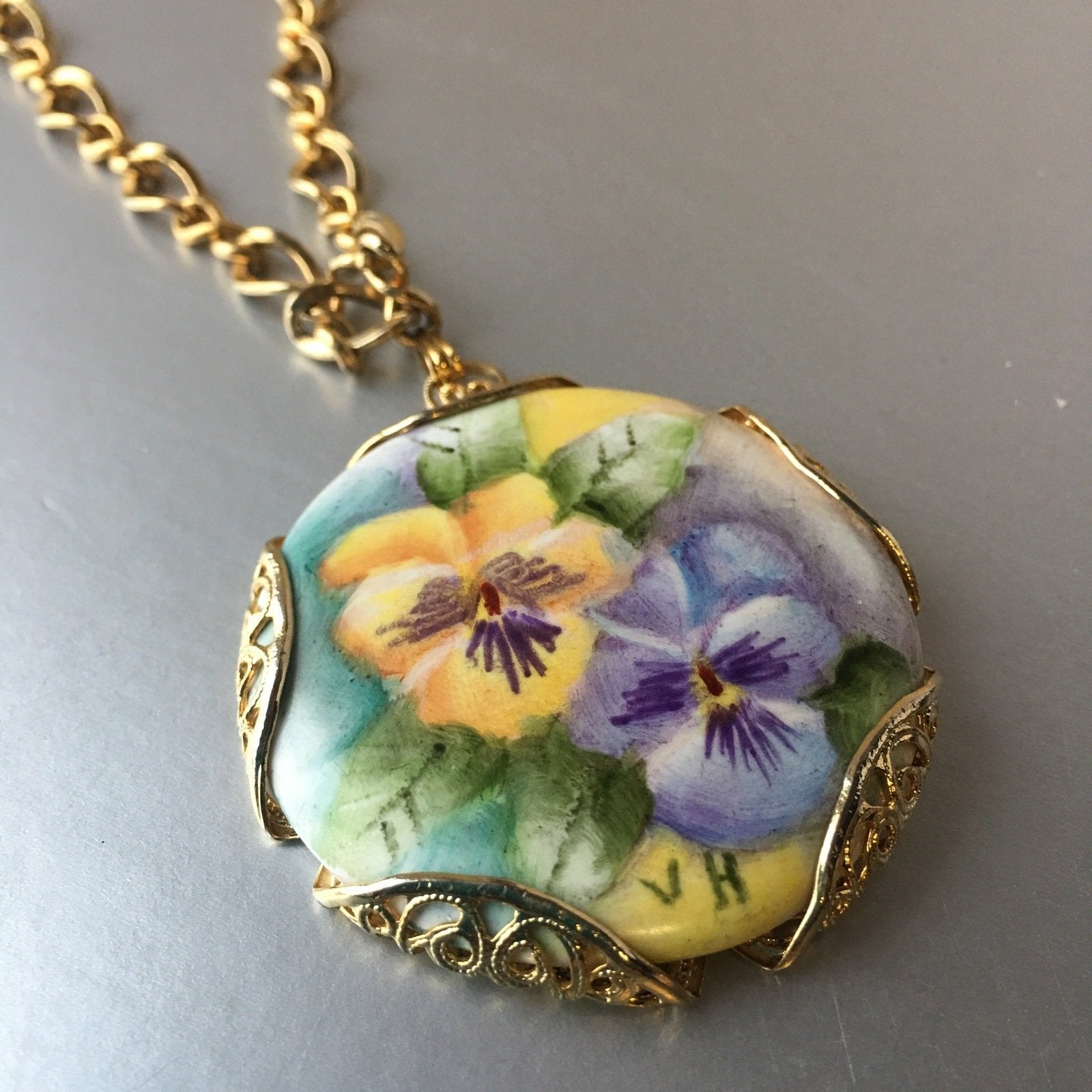 Handmade Floral Ceramic Pendant Golden Chain Link Necklace Vintage Jewelry