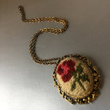 Floral Embroidered Needlepoint Brooch Pendant Chain Necklace Vintage Jewelry