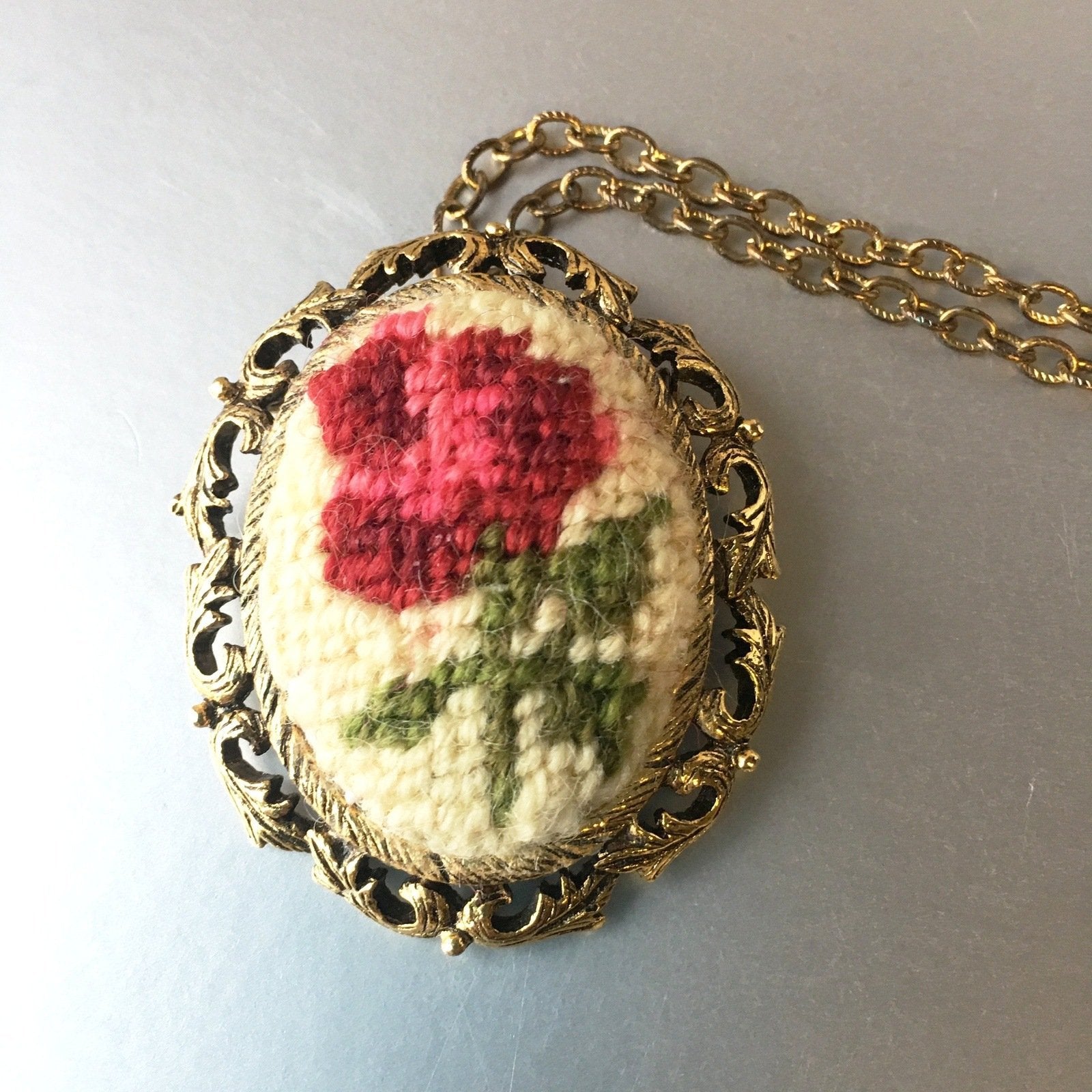 Floral Embroidered Needlepoint Brooch Pendant Chain Necklace Vintage Jewelry