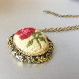 Floral Embroidered Needlepoint Brooch Pendant Chain Necklace Vintage Jewelry