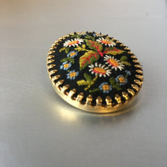 Floral Embroidered Pin Needlepoint Brooch Vintage Jewelry