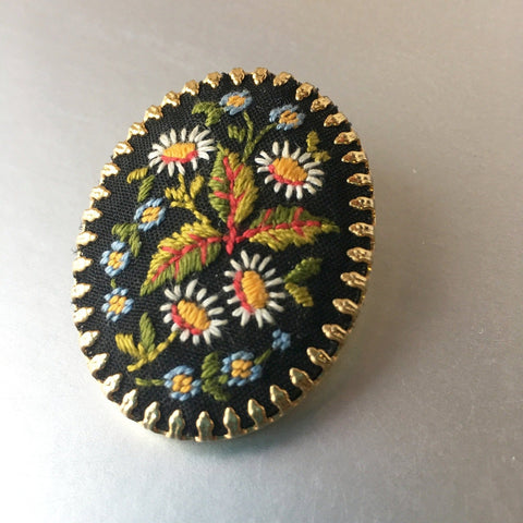 Floral Embroidered Pin Needlepoint Brooch Vintage Jewelry