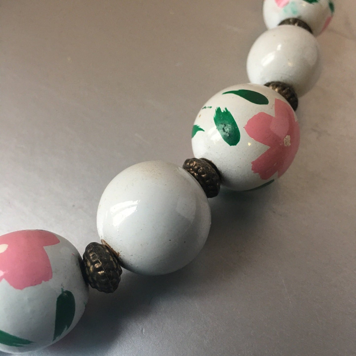 Pink Flowers Wooden Necklace Vintage Handmade Jewelry