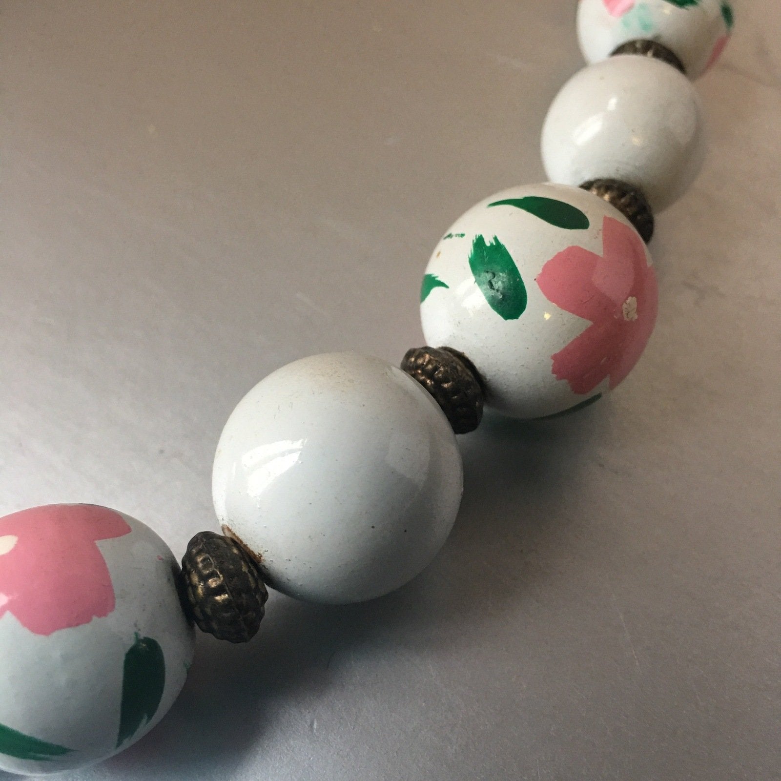 Pink Flowers Wooden Necklace Vintage Handmade Jewelry