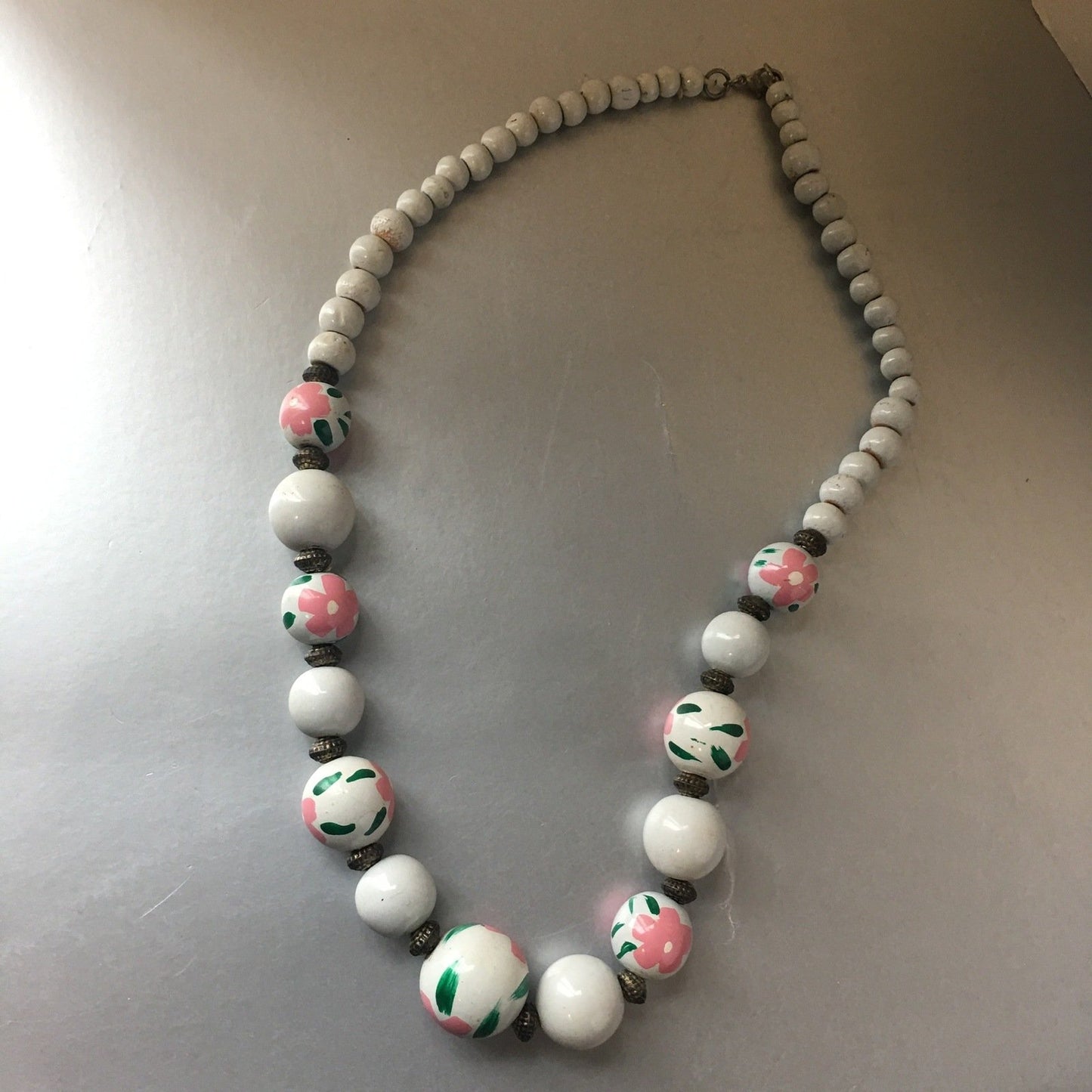 Pink Flowers Wooden Necklace Vintage Handmade Jewelry