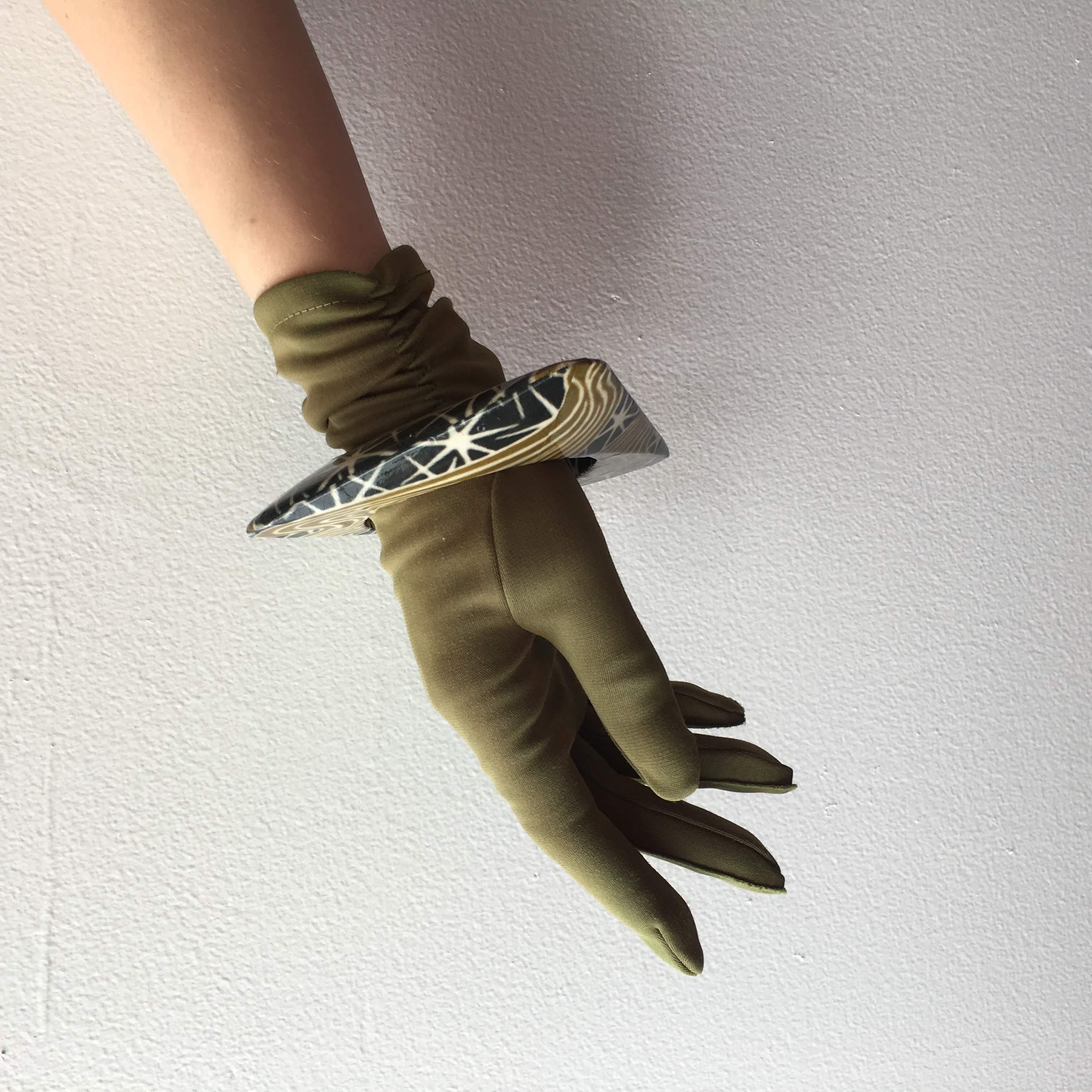 Green Gathered Nylon Gloves Vintage Accessory