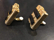 Modernist clip on earrings in brushed gold with black beads, vintage 1980s-90s.