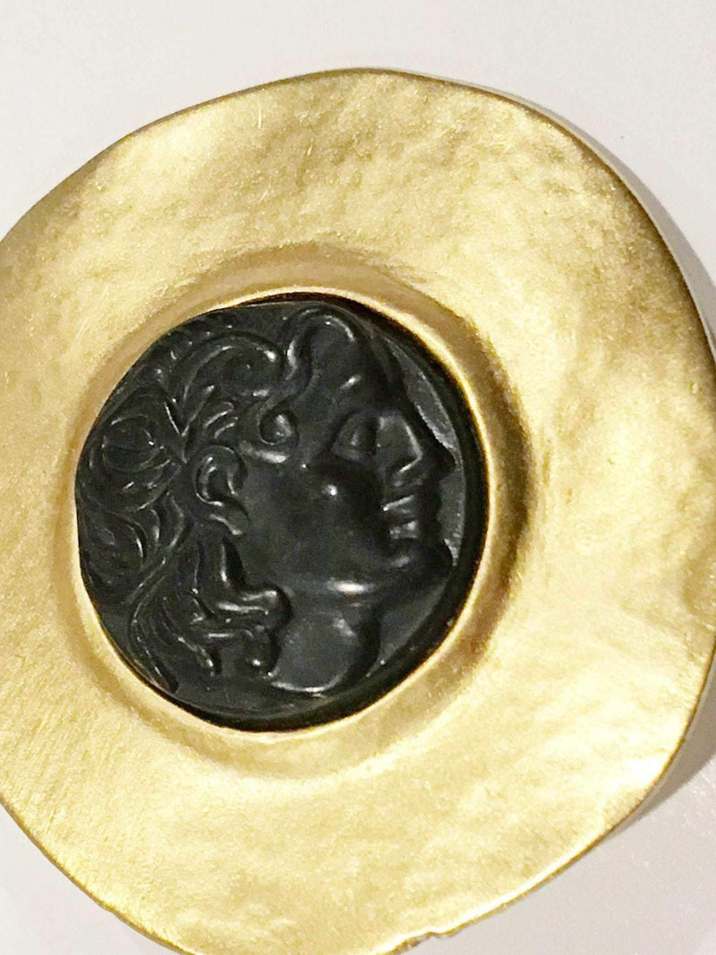 Merlusa Hercules Clip on Earrings, vintage golden modernist hammered design with Greek face.