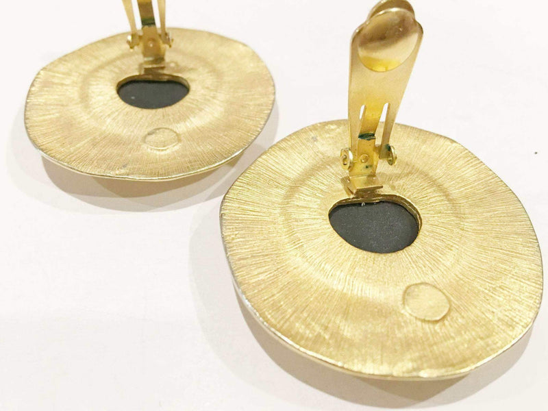 Merlusa Hercules Clip on Earrings, vintage golden hammered design, Greek face detail, 1980s-90s.