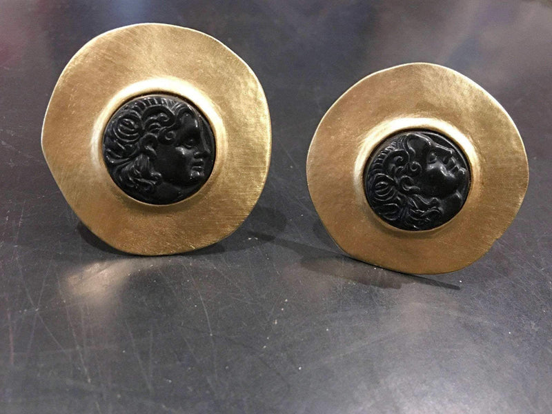 Merlusa Hercules Clip on Earrings with Greek face design and brushed gold frame.