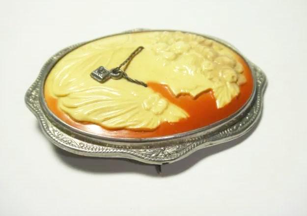 Glorious Past: 1930s Molded Celluloid Cameo Pin with Rhinestone Detailing
