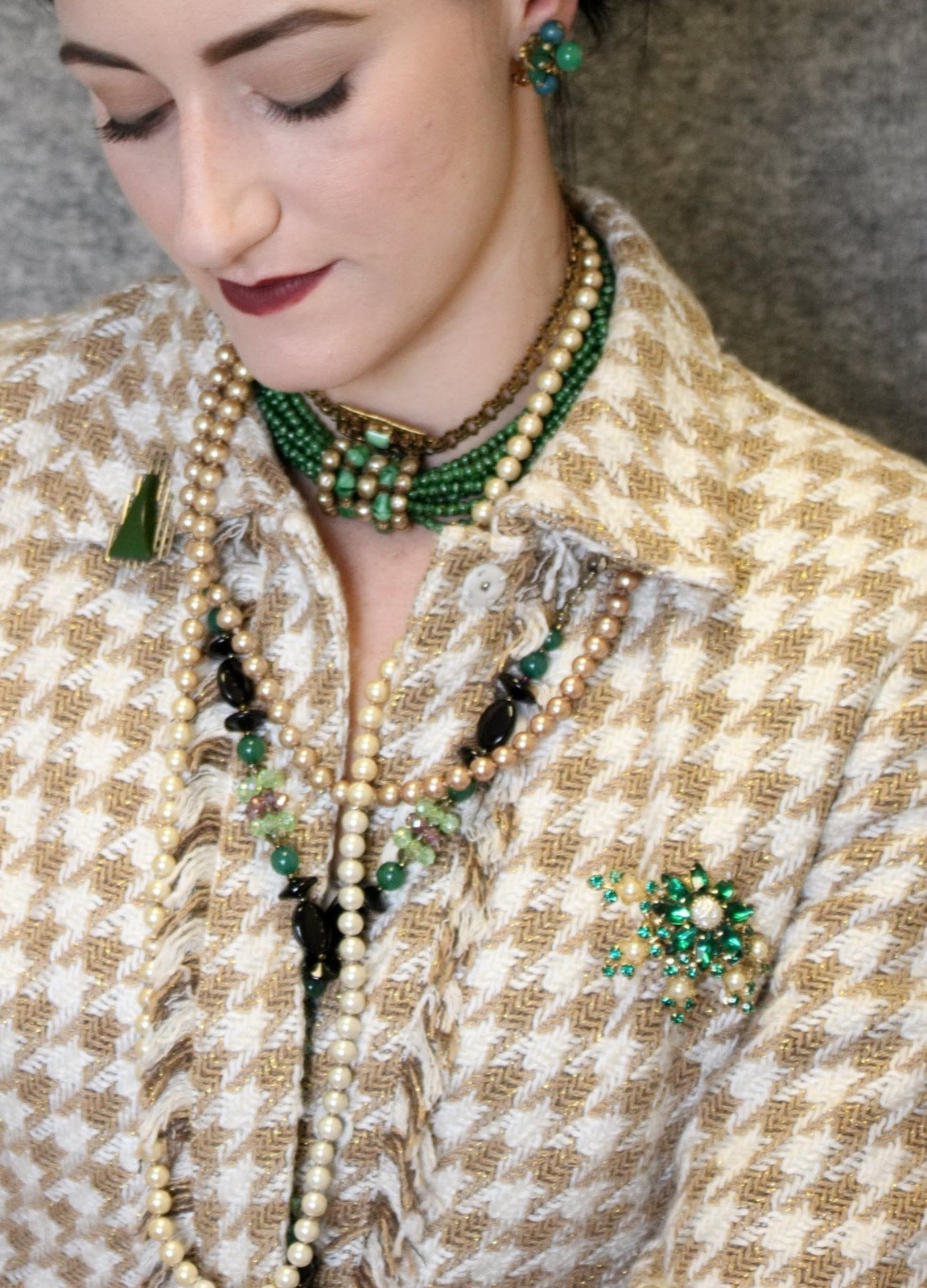 Green Rhinestones Baroque Pearls Spray Brooch Pin Vintage Jewelry