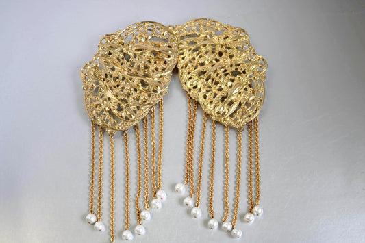 Massive Sculpted Golden Buckle Pearls Dangle Vintage Accessory