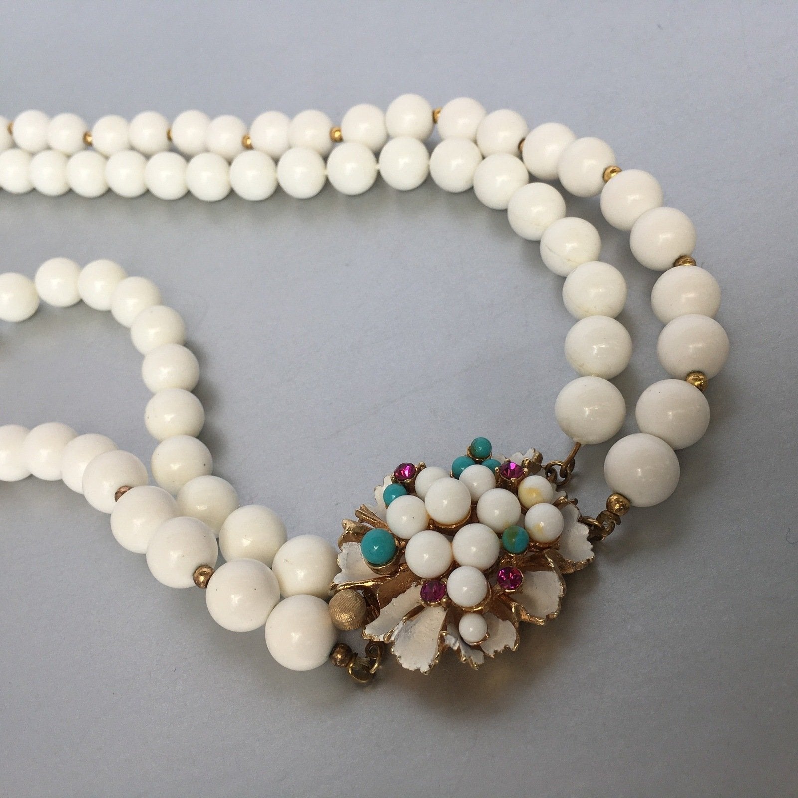 Ornate Floral Clasp White Necklace Vintage Plastic Jewelry