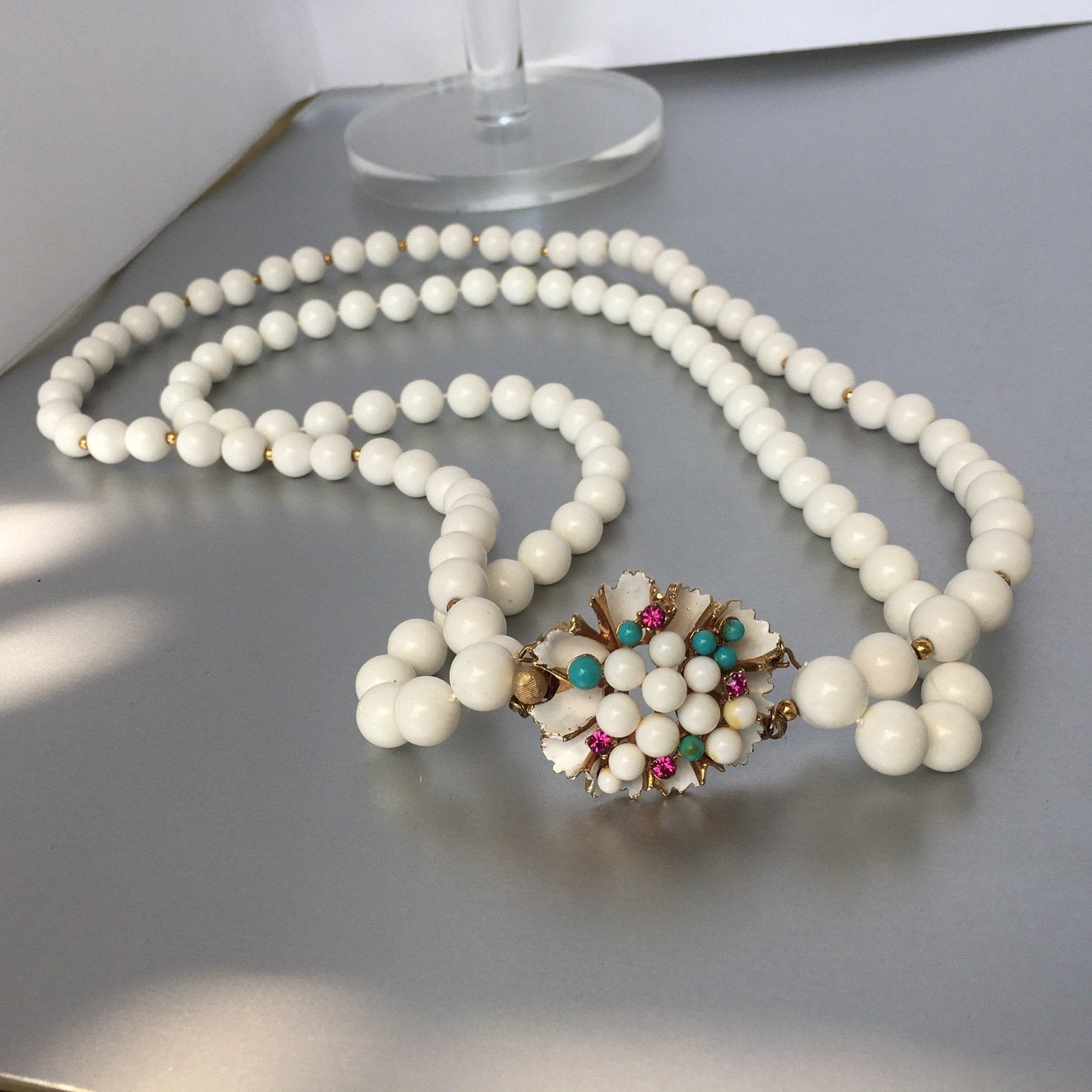 Ornate Floral Clasp White Necklace Vintage Plastic Jewelry