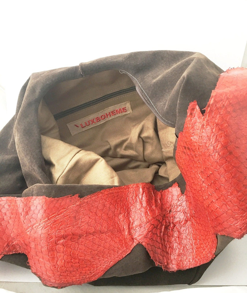 Suede Hobo Bag Tilapia Fish Skin Leather Handbag Slouch Bohemian Large Handbag Ethnic new handmade