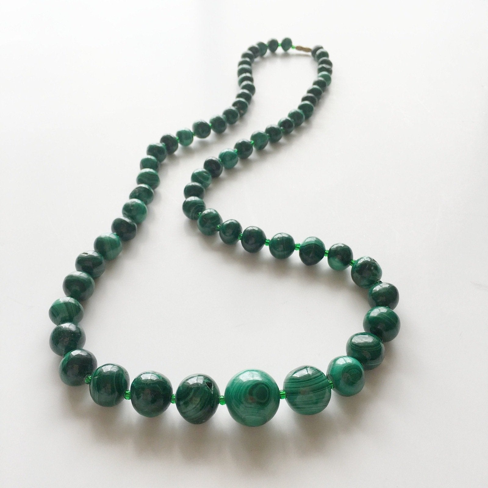Malachite Gemstone Beaded Necklace Vintage Jewelry