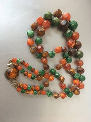 Orange Green Marbleized Beads Necklace Vintage Jewelry