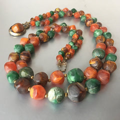 Orange Green Marbleized Beads Necklace Vintage Jewelry