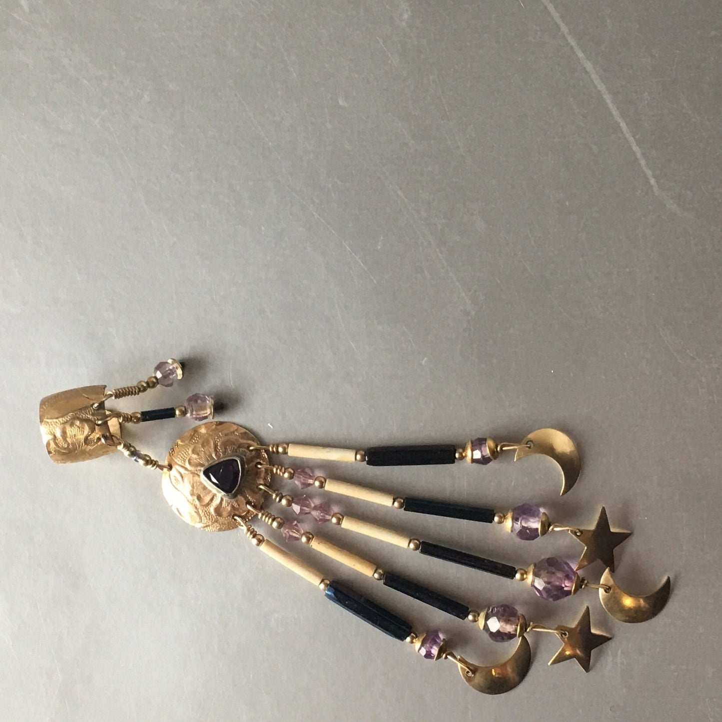 Purple Amethyst Moon Golden Ear Cuff Single Earrings Vintage Jewelry