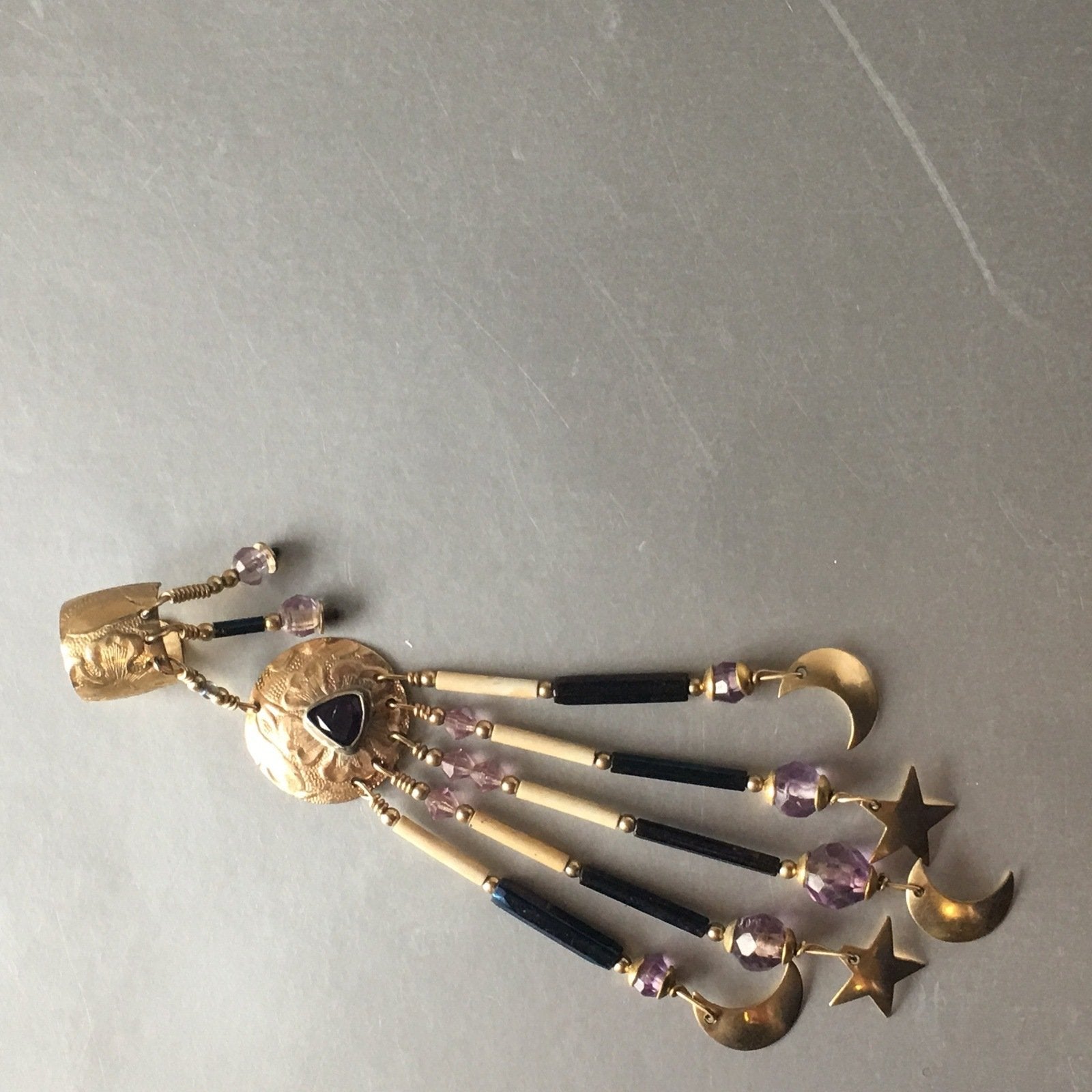 Purple Amethyst Moon Golden Ear Cuff Single Earrings Vintage Jewelry