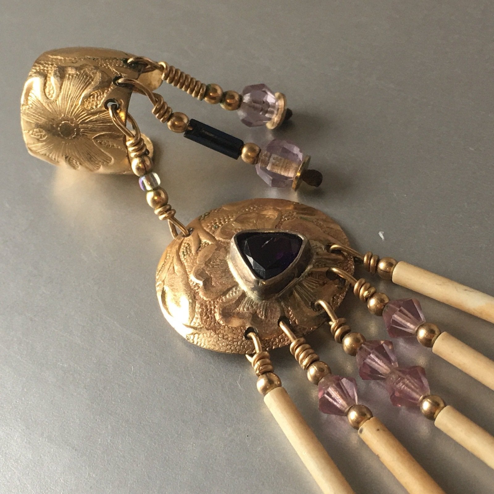 Purple Amethyst Moon Golden Ear Cuff Single Earrings Vintage Jewelry