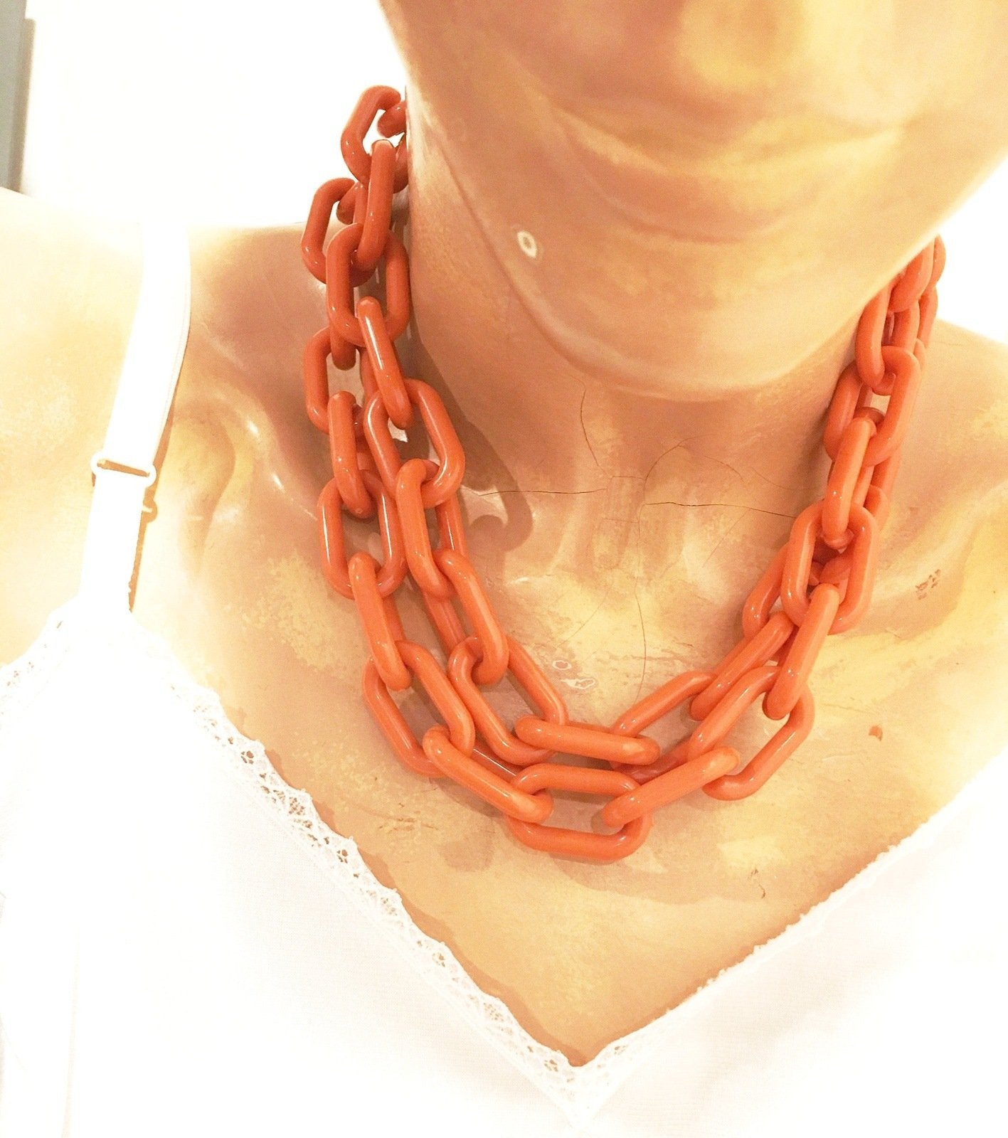 Orange Chain Link Necklace Vintage Plastic Jewelry