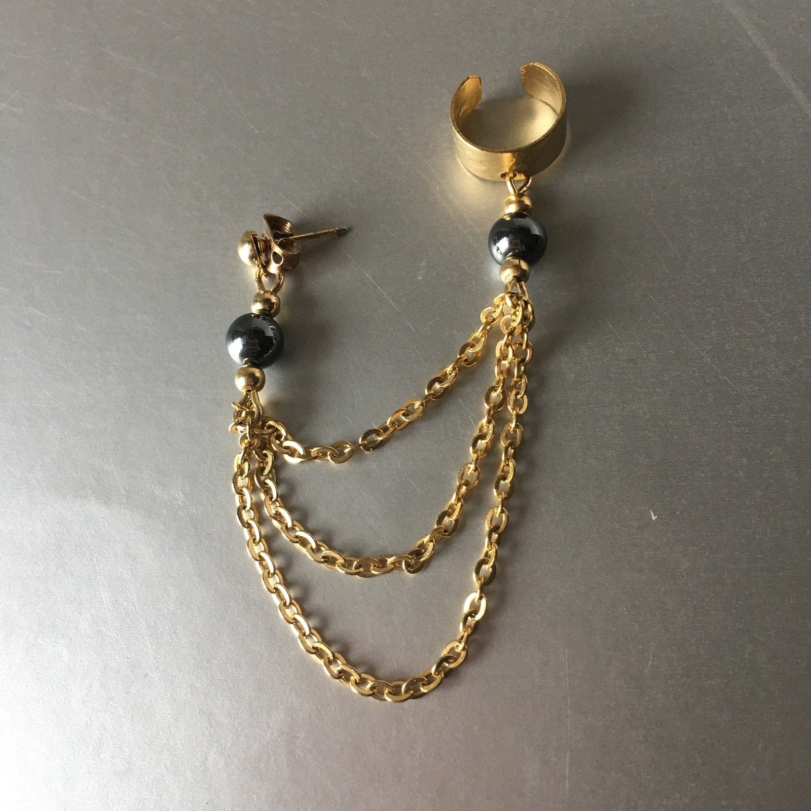 Hematite Golden Chains Link Ear Cuff Single Earrings Vintage Jewelry