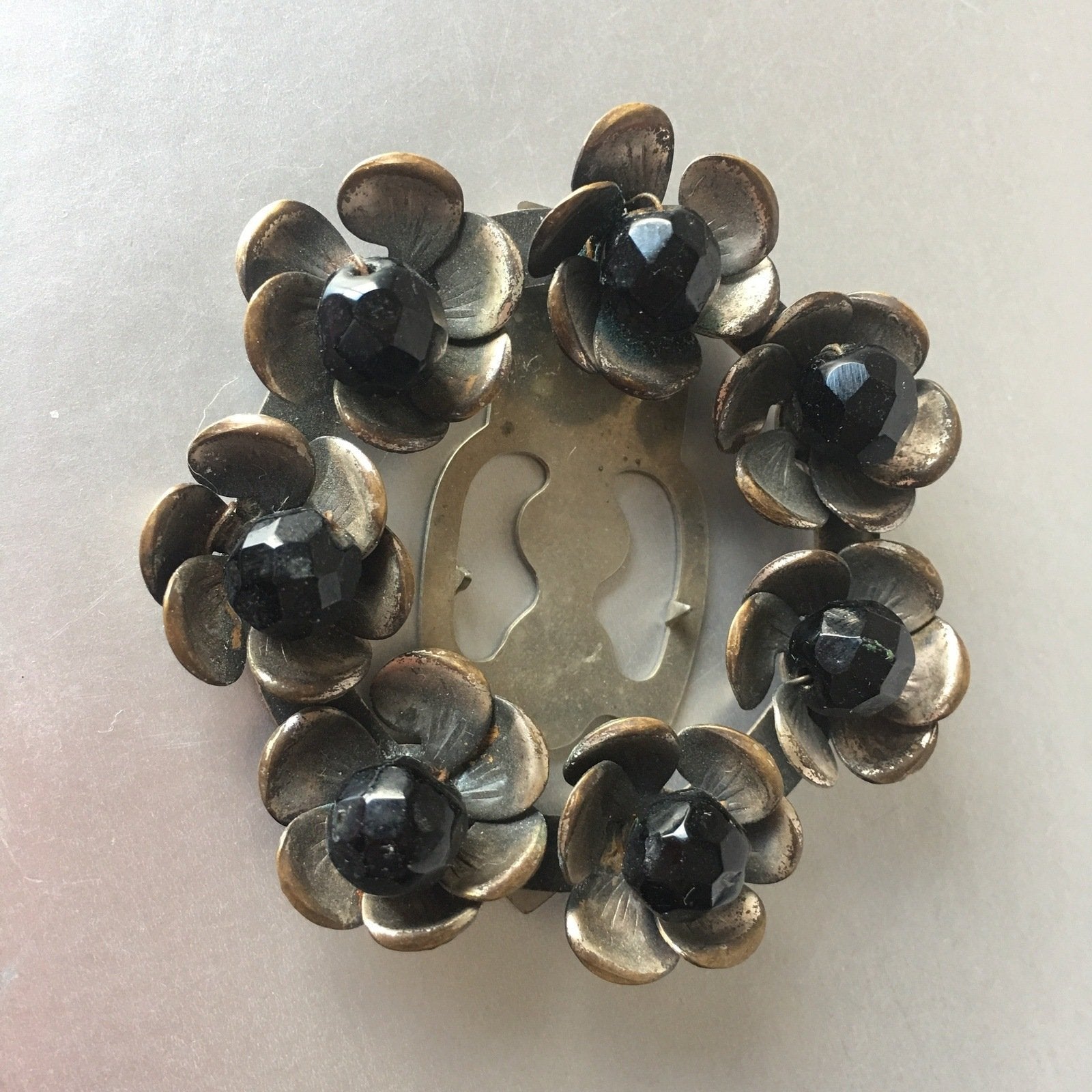 Black Crystals Floral Dress Clip Antique Pin Vintage Jewelry