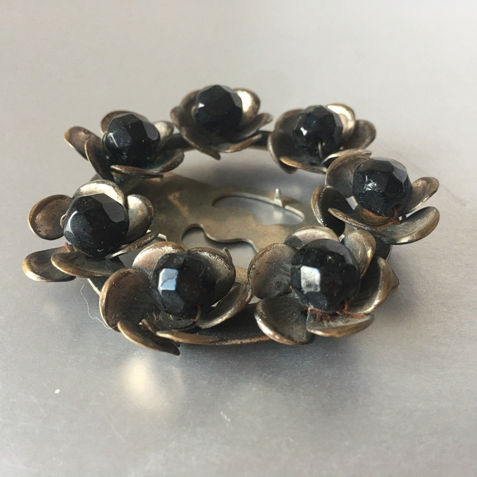Black Crystals Floral Dress Clip Antique Pin Vintage Jewelry