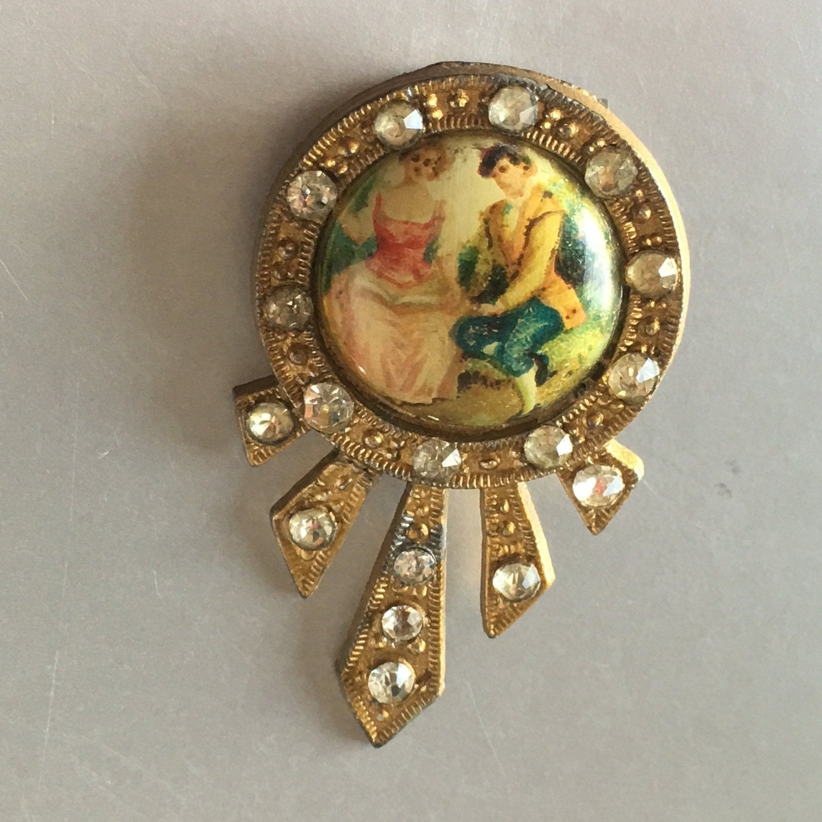 Victorian Couple Porcelain Dress Clip Pin Vintage Jewelry