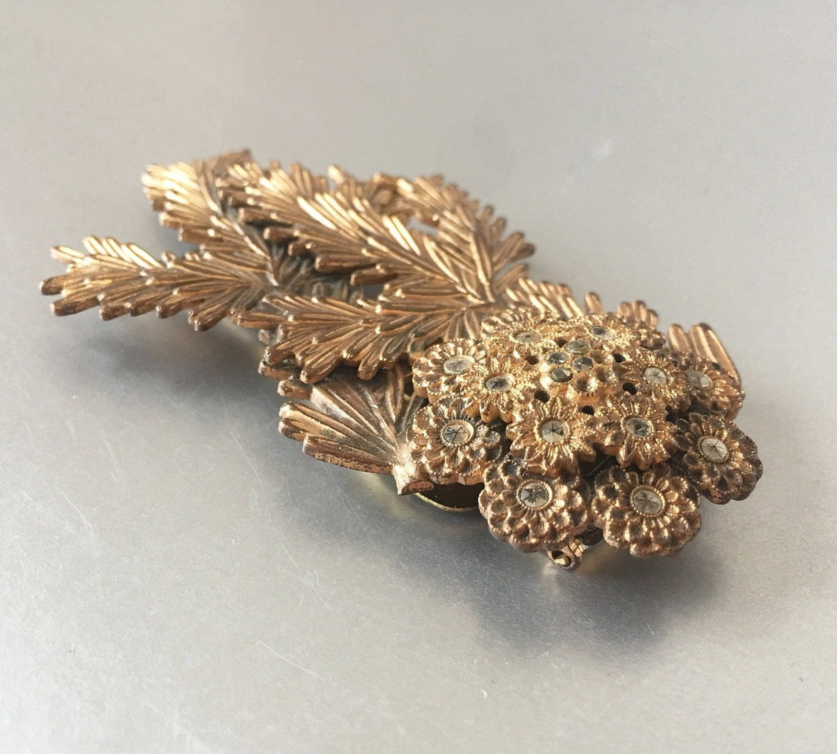 Marcasite Floral Antique Brass Dress Clip Pin Vintage Jewelry