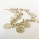 Golden Link Chain Metal Necklace Coin Charms Vintage Jewelry