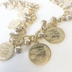 Golden Link Chain Metal Necklace Coin Charms Vintage Jewelry