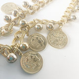 Golden Link Chain Metal Necklace Coin Charms Vintage Jewelry