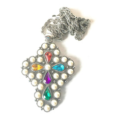 Pearls Colorful Rhinestones Symbolic Cross Pendant Costume Jewelry