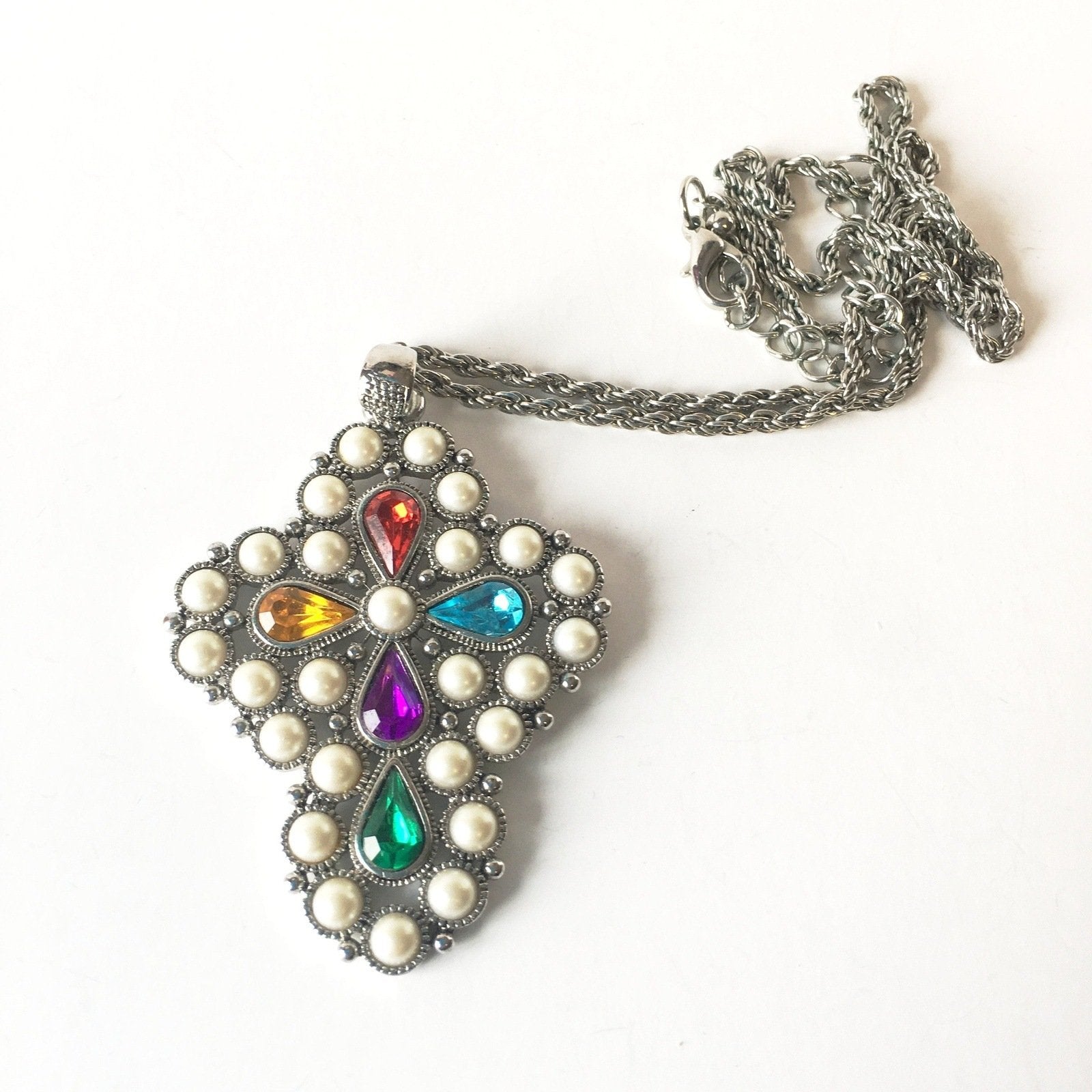 Pearls Colorful Rhinestones Symbolic Cross Pendant Costume Jewelry