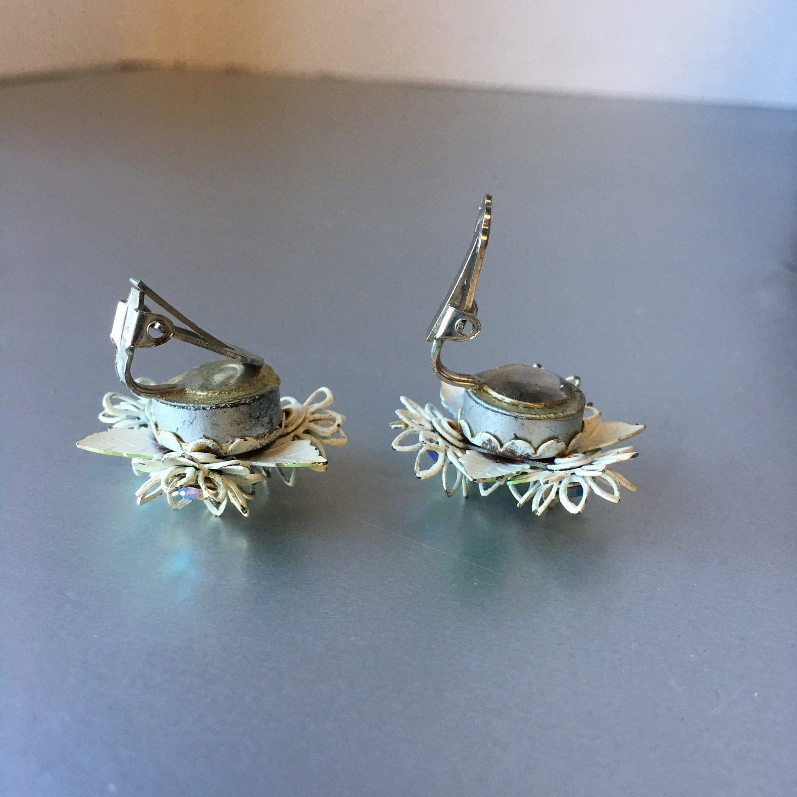 Floral Rhinestones Green White Clip on Earring Vintage Jewelry