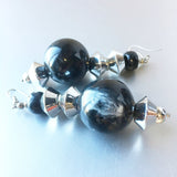 Silver Black Bold Dangling Earrings Vintage Plastic Jewelry