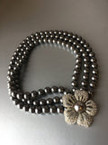 Gray Pearls Torsade Necklace Marcasite Floral Jewelry