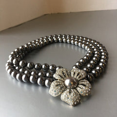 Gray Pearls Torsade Necklace Marcasite Floral Jewelry
