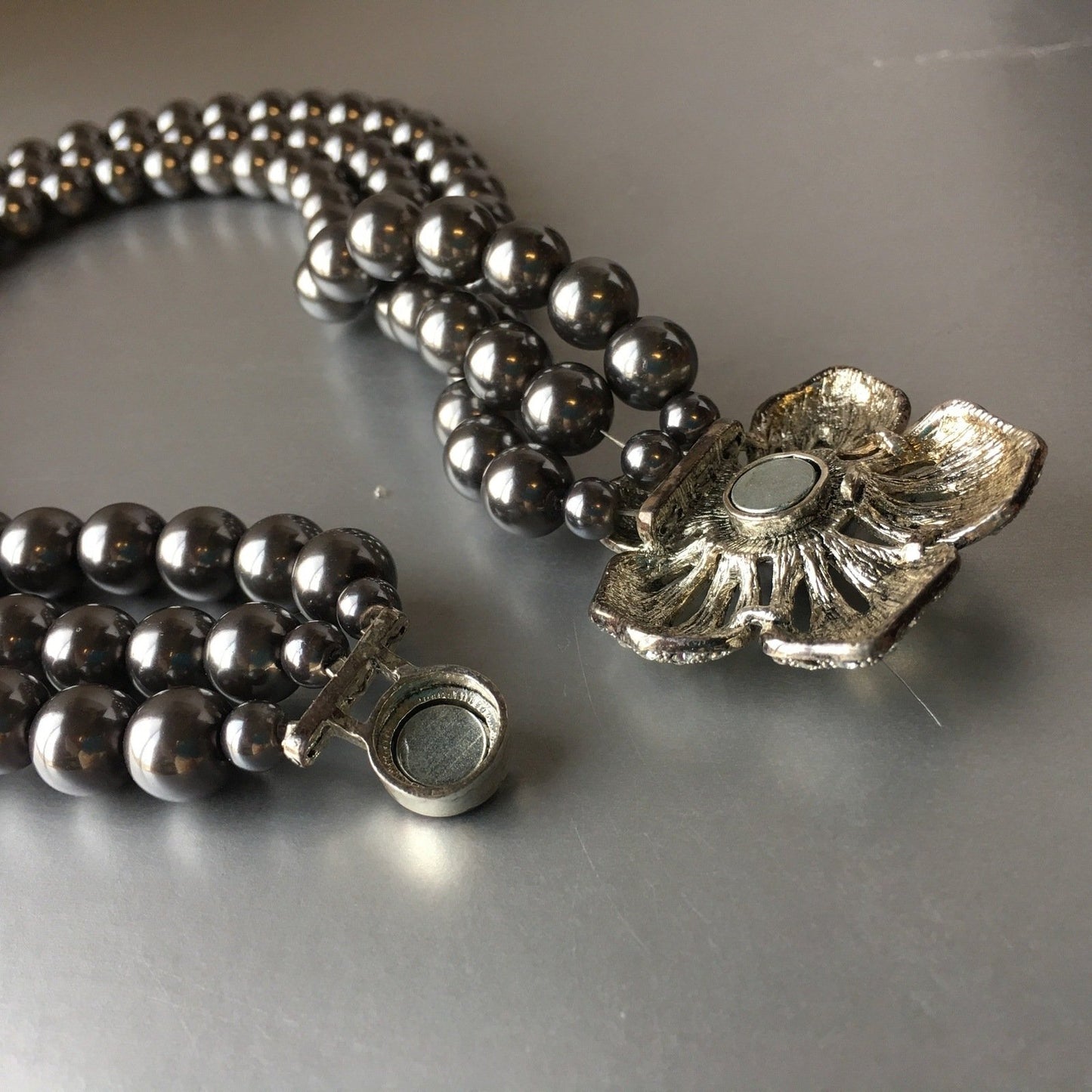 Gray Pearls Torsade Necklace Marcasite Floral Jewelry