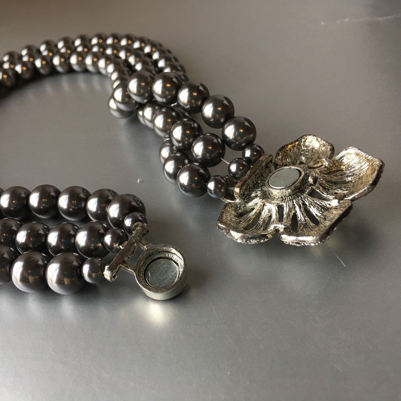 Gray Pearls Torsade Necklace Marcasite Floral Jewelry