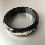 Black Wooden Bangle Bracelet Rhinestones Vintage Costume Jewelry