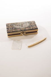 Victorian purse tapestry bag with intricate needlepoint design, vintage accessory.